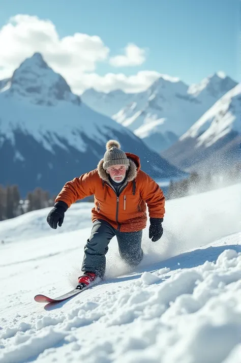 Short elderly man falling on skis in the snow in Bariloche 