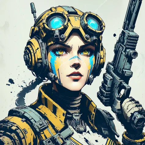 a close up of a ukranian warriors woman with a gun and a helmet, ukranian flag in the face,  mechanized soldier girl, borderlands art style, borderlands 3 style, mechanized valkyrie girl, sci - fi illustrations, sci-fi illustrations, epic sci-fi character ...