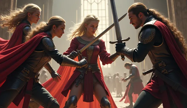 4 mediaeval fighters including a girl with long blond hair, a blond girl with bob hair, a girl with long light brown hair, a boy with short hair all 4 both with swords attack the scarlet beauty 