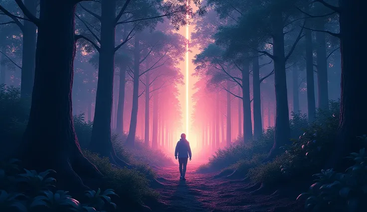 The Search for True Pleasure: A journey into a dense forest, where a light shines in the distance, symbolizing the search for authentic pleasure amidst confusion and darkness, with color enhanceme, a magnificent image