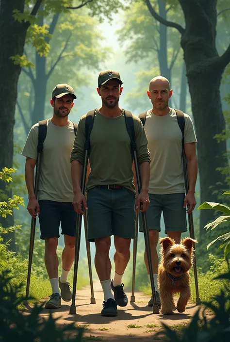 3 bald man on a crutch with a baseball cap walking in a forest with a female Yorkshire Terrier