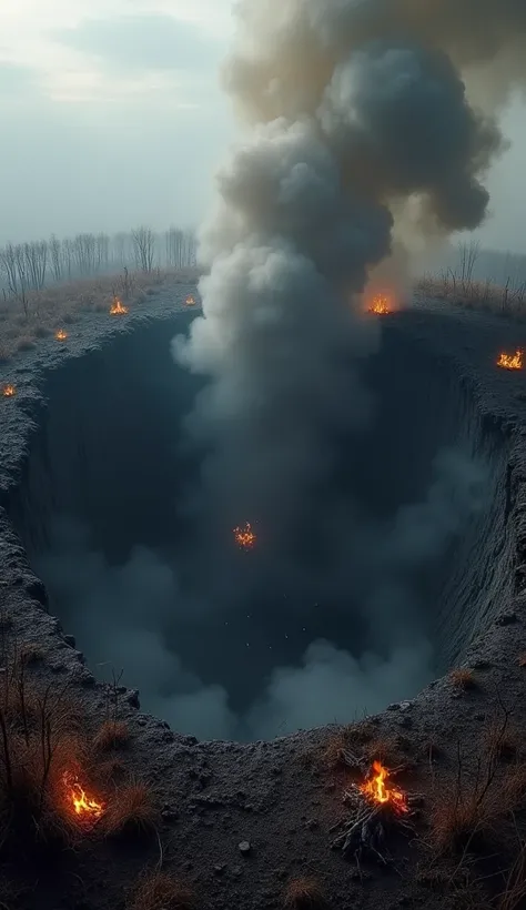 A close-up view of a massive crater left by one of the meteoroid fragments in a rural area. The ground around the crater is scorched, with small fires still burning. Smoke rises from the deep, dark pit, and the surrounding vegetation is blackened and charr...