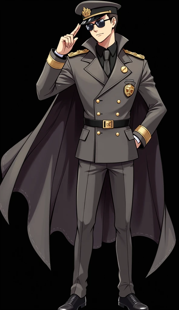 The image depicts a male character with an impressive and charismatic appearance., dressed in a stylized military uniform that exudes authority and elegance. The uniform is predominantly dark gray, adorned with black and gold details, that highlight your s...