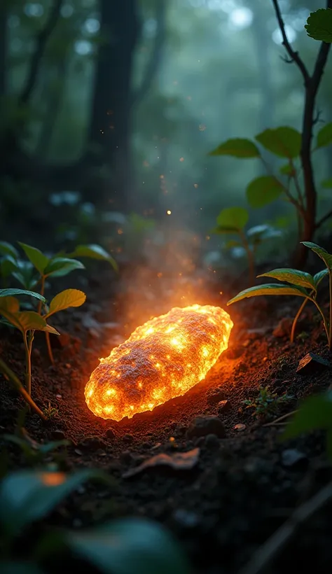 Deep within the Brazilian rainforest, a glowing meteor fragment lies nestled between the trees, pulsating with an eerie light. The vegetation around it is scorched, and the air is filled with a faint, otherworldly glow. The fragment is small but radiates i...