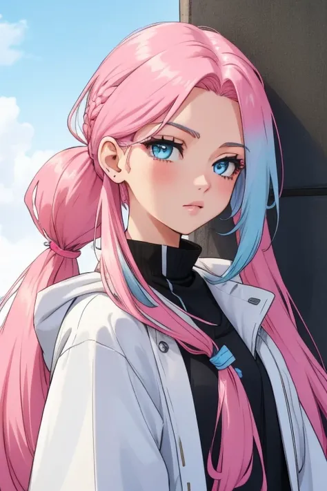 girl 2 pink hair extremely long hair and light blue eyes hair parted in the middle different hairstyle pigtail hair extremely long hair extremely beautiful face