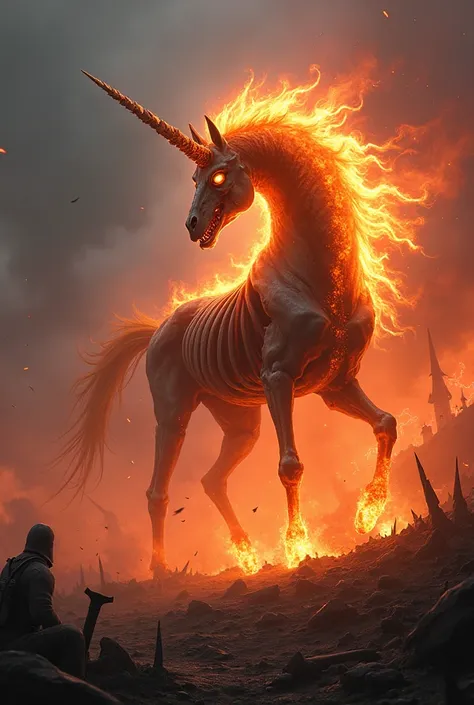 The image of a skeletal unicorn on a war ground, furious majestic and fearsome in Flames 