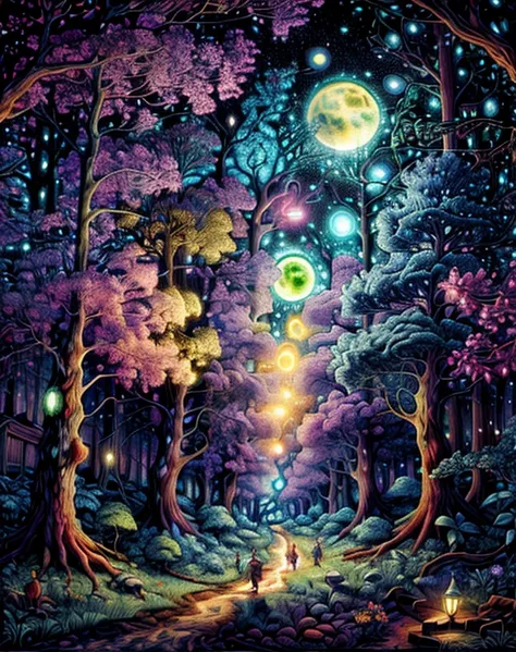 4 small glowing fairies fly around a night forest landscape with beautiful flowers, bushes, sparkling water, moonlighting (extremely detailed CG unity 16k wallpaper), most beautiful artwork in the world, professional majestic oil painting, intricate, high ...