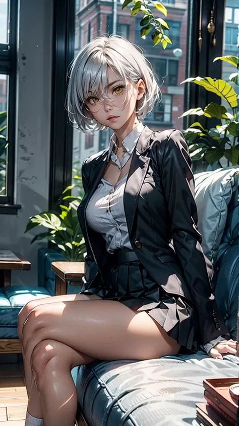 short silver hair, intense yellow eyes, white shirt, black blazer, black high waist pleated skirt, Thigh high socks, confident pose, expression of contempt, well proportioned slender body, sitting on a leather sofa, glancing slightly to the side, smooth li...