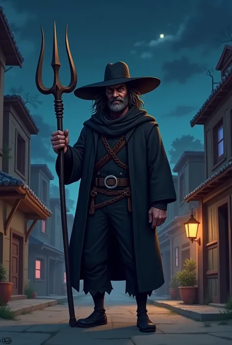 Show me an image where there is a plains person dressed completely in black with a plains-style hat and holding a trident in his hand and who is in a town and it is nighttime and the image is like a cartoon. 