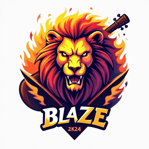 The College Fest Logo naming BLAZE 2K24, A lion face burning in fire of thrill with confidence and attitude and the fire is in colour of yellow, red, purple, orange mixture and a musical instrument behind the lion shadowing and below the lion which BLAZE 2...