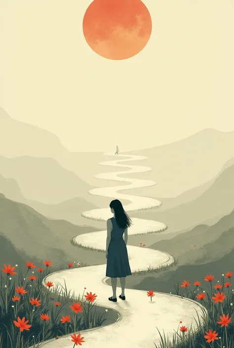 One looking at several possible paths she can take, some of them must intersect, some may have obstacles but all must have flowers along the way, the image should have a more philosophical aura with few colors but that conveys a feeling of courage