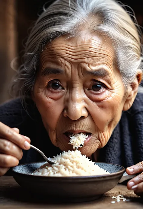 detailed old woman, elderly woman, old woman, old mother, woman feeding herself, woman struggling to eat, woman eating rice, close-up shot, high contrast lighting, warm color tones, cinematic composition, moody atmosphere, gritty realism, masterpiece, (bes...