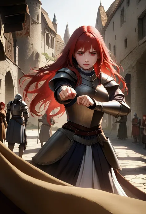 Anime girl; banner; Red Hair; long hair; sad; crying girl; knight; red eyes; medieval scenery; realistic lighting; battle pose