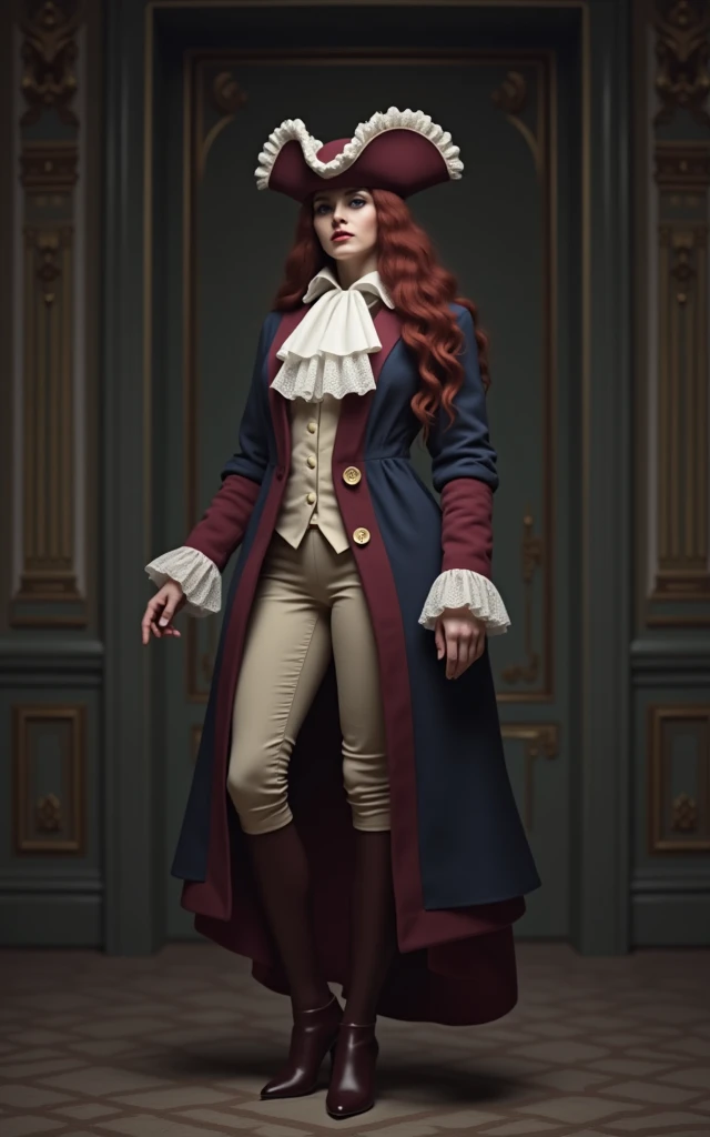 a misterious woman, dressed in 1710s Mens versailles Mens Suit. A Historical rococo costume with a navy blue frock coat, ,lace cuffs, big ruffled Lace Jabot Cravat, , tricorn hat ,long haircut,