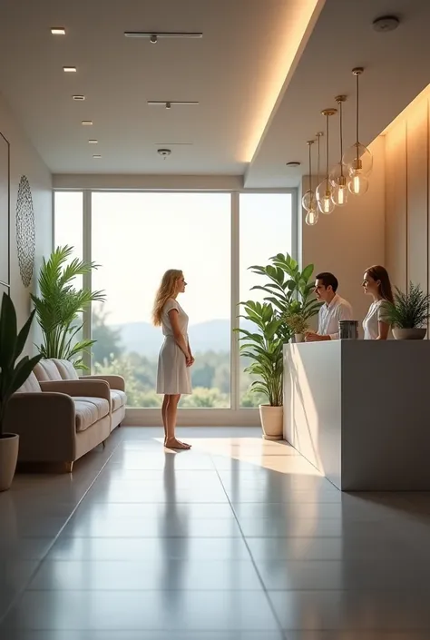 Reception of a dental clinic, blonde woman as receptionist and some patients waiting for service.