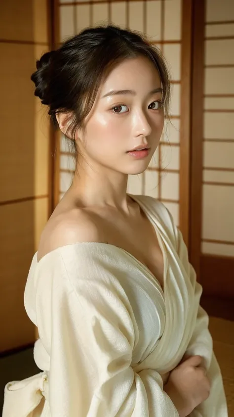 A portrait of a japanese young woman with soft, glowing skin and delicate features, wearing a kimono loosely draped, revealing her shoulders. She has large, expressive eyes, long dark hair tied up, and the scene is set in a softly lit room with warm tones....