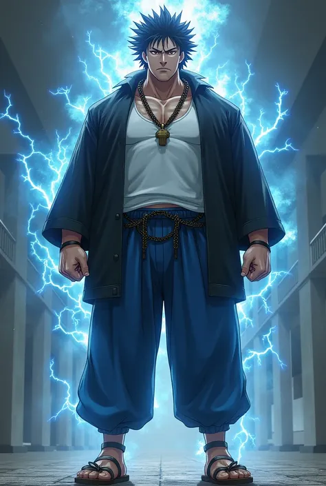 He is a very tall, muscular man with black hair and brown eyes. He wears a white tank top under a black gakuran, as well as blue tracksuit pants and Getas. He has chains around his neck with a whistle hanging in the middle part and emits a blue electric au...