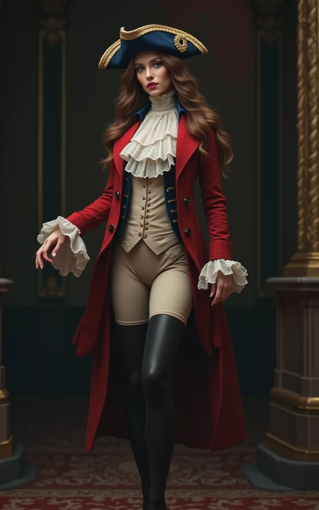 a misterious woman, dressed in 1710s Mens versailles Mens Suit. A Historical rococo costume with a navy blue frock coat, ,lace cuffs, big ruffled Lace Jabot Cravat, , tricorn hat ,long haircut,