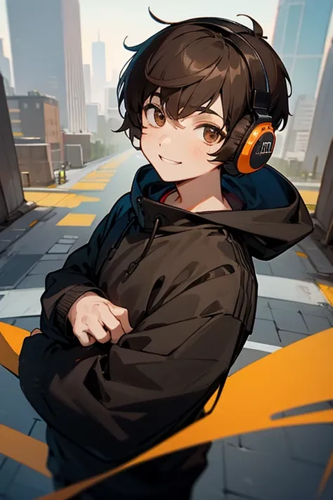 , Boy, Dark hair, Very short haircut, big eyes, brown eyes, headphones, smiling, full-length, black adidas sweatshirt, looks at the viewer, there is a big city behind him