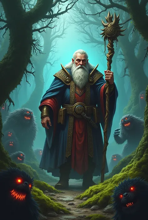 Dwarf wizard in dark forest with monsters