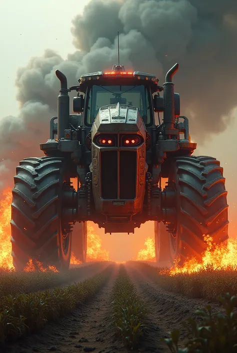 A very large farm tractor with a dragon head appearance, setting fire to a plantation