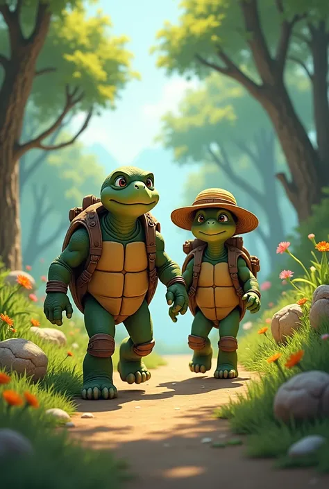 An adventurous male turtle and female turtle with hat and backpack 