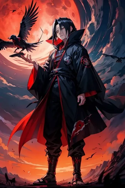 homem itachi, crows around and a blood moon in the background, (black cloak with akatsuki cloud symbol), detailed eyes, reddish theme,semi realist,  bleeding eyes , reddish background, more prominent and improved face, naruto itachi&#39;s face,illustration...