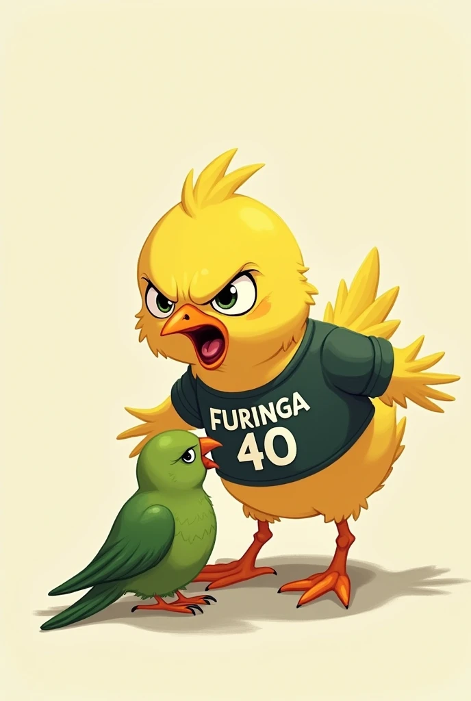 Angry yellow chick with shirt saying furinga 40, mistreating a green parrot