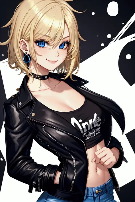 solo, 1girl, blond hair, short hair, messy hair, blue eyes, eyeliner, smile, black earrings, white T-shirt, black leather jacket, blue jeans, half-body 