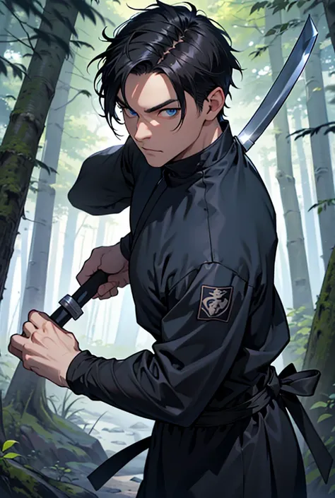 knife a man with short black hair and dark blue eyes wearing a ninja outfit holding a plunger in a forest