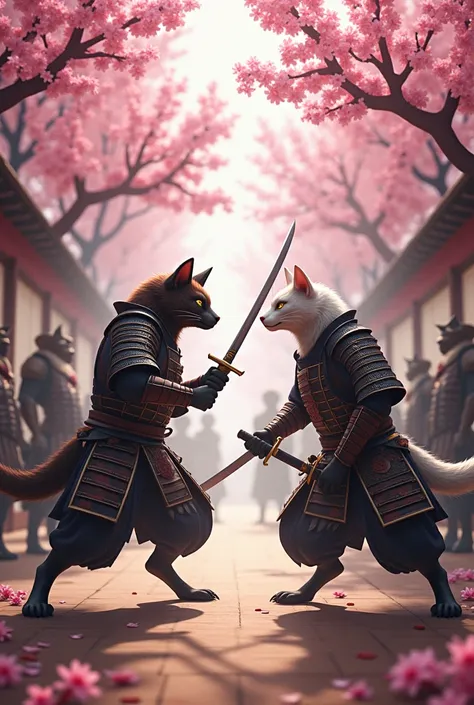 A two-legged kitten cat beastman、Wearing Japanese samurai armor、Scene of two kitten cat beastmen standing、Cherry Blossom Tree-Lined Room、Close-up images、There are four kitten beastmen watching from all around.、Clear images、Equipped with a Japanese sword on...