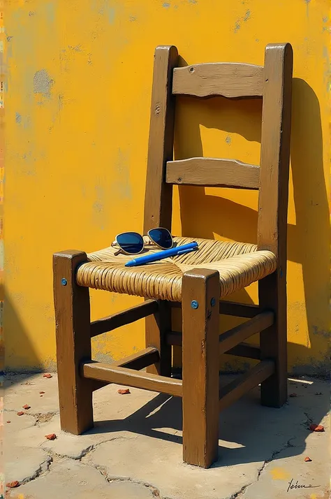 Van Gogh&#39;s chair made of wood and straw seat without arms with a pair of sunglasses and a blue pen on the seat. 