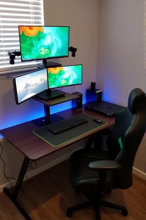 2 arm monitor stand 
24.5 inch monitor in the middle of the desk on the right arm
Notebook on the monitor stand on the left arm
140cm desk and full desk mouse pad
Car toy
Gaming desk set up