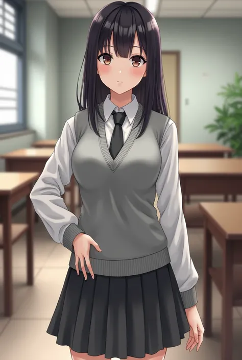 Can you draw a girl school uniform. Gray skirt that reaches the top of the knees with white long sleeves shirt with a  gray tie with a  v neck sweater vest but it’s light gray but make it realistic 