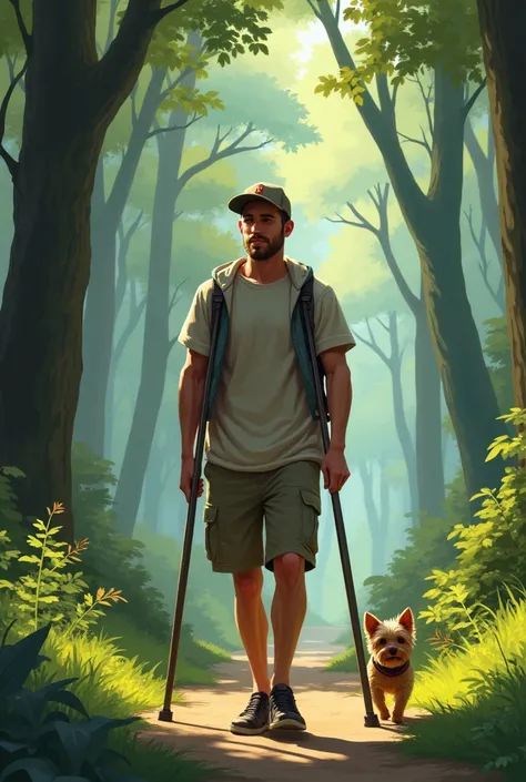 Young bald man on one crutch wearing a baseball cap walking in a forest with a small female Yorkshire Terrier dog