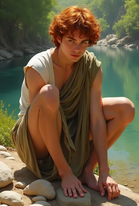 Create an image of David from the Bible, adolescent, Red-Haired, handsome, picking up stones in the river.