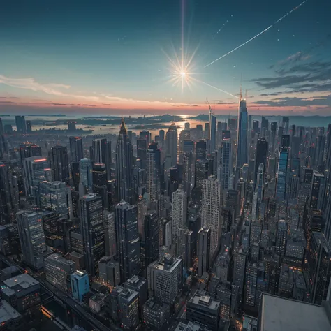 the sky above a cityscape lined with skyscrapers, tilt, clear skies, isolation light, high-key masterpiece, realistic, awards, ,...