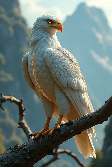 best quality, Amazing eagle in his torso an artistic drawing , perched on branches detalhes intrincados, elegante, voluminetric lighting, The background a mountain , its feathers are studded with diamonds and pearls, realistic 8k
