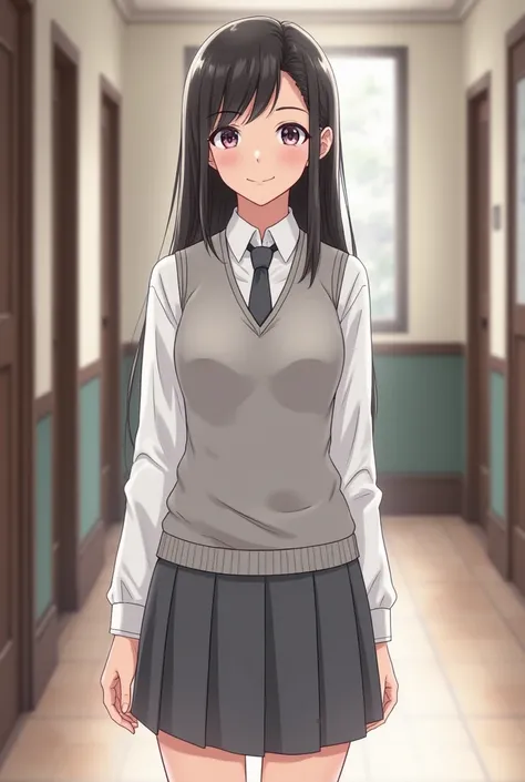 Can you draw a girl school uniform. Gray skirt that reaches the top of the knees with white long sleeves shirt with a  gray tie with a  v neck sweater vest but it’s light gray 