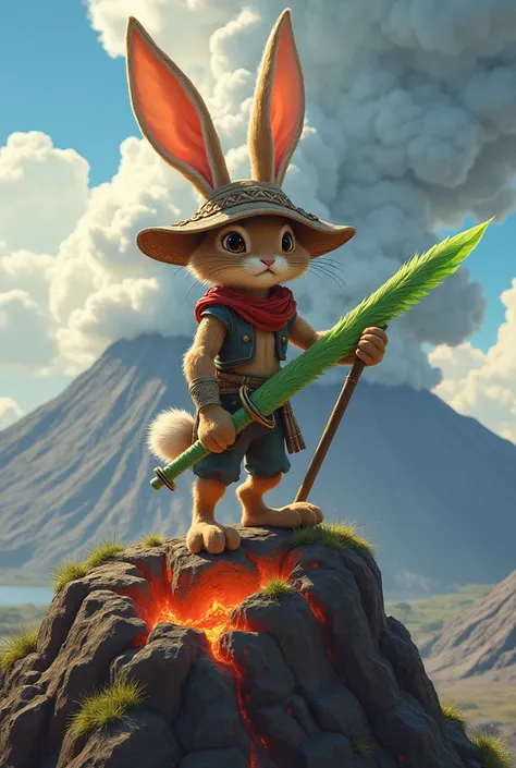 Finn bunny hat on from adventure lean physique time with a grass sword on top of a volcano hyper realistic 2d style