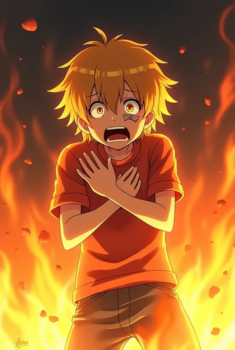 Scared boy crying with golden short hair surrounded in flames. One arm close to chest, other arm down by side and a bandaged eye anime