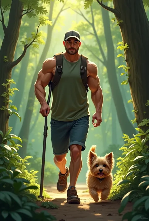 Young bald man on one crutch wearing a baseball cap without a beard walking in a forest with a small female Yorkshire Terrier dog