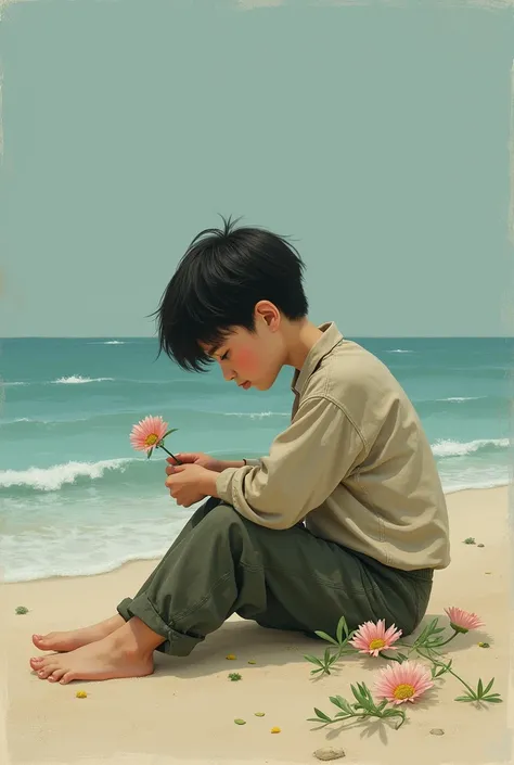 A brocken heard boy seat on beach  with flower on right hand


