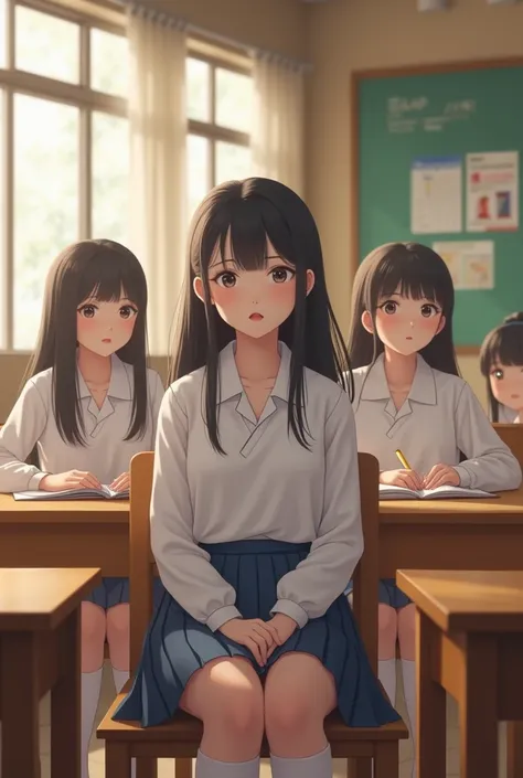 5 girl sitting in class, wearing Korean school uniform with short skirt, Korean girl uniform, school girl uniform, beautiful , young woman, realistic, 8k