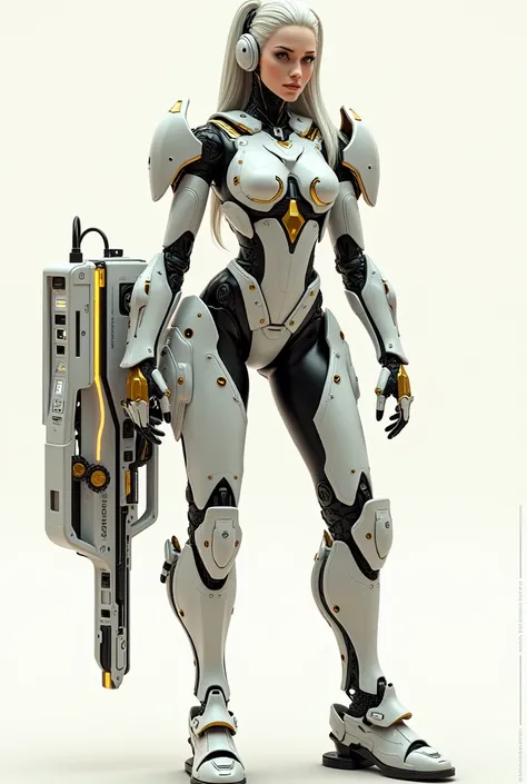 Anime-style gorgeous female cyborg character, sleek white and black robotic body with gold accents, random expression. Holding a large futuristic device resembling a power bank transformed into a huge high-tech melee weapon. Character design inspired by ho...