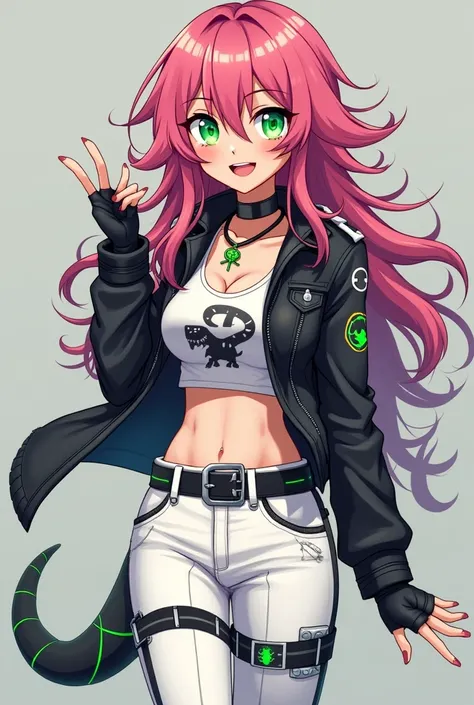 W.dino is a  with a rebellious and messy look that reflects her chaotic but energetic personality. Her hair is long, a deep pink color, and always disheveled, with strands falling haphazardly over her face. She often wears it loose, although she can someti...