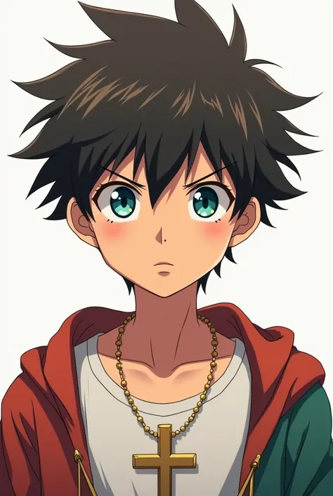 Strong  boy.brown very short hair.blue-green eyes.ernst.Cross necklace.anime