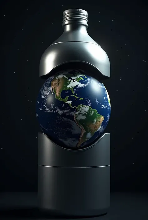 a steel water bottle covering earth and preventing the suns rays to enter the earth 