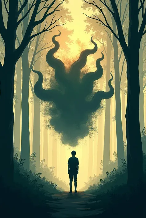 Silhouette of a person surrounded by negative thoughts in the forest at daytime