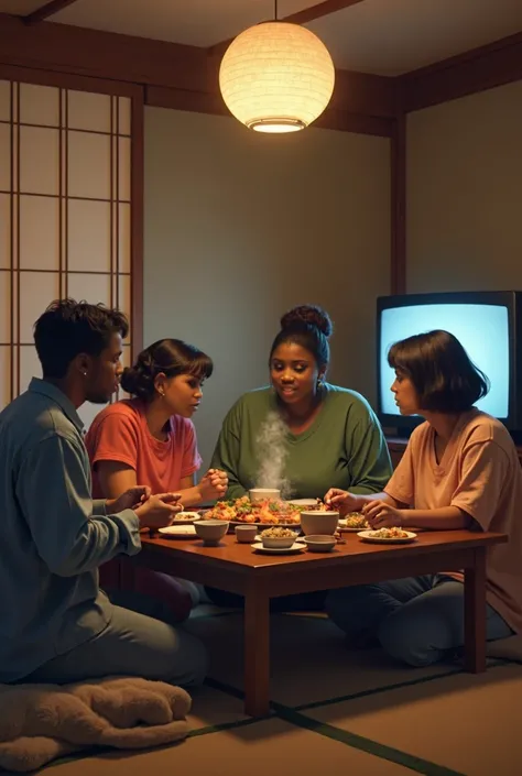 A college gal with a ebony skin, very voluptuous body, eating dinner while watching TV with her family at an ordinary Japanese tea-room table in 1989 or so.